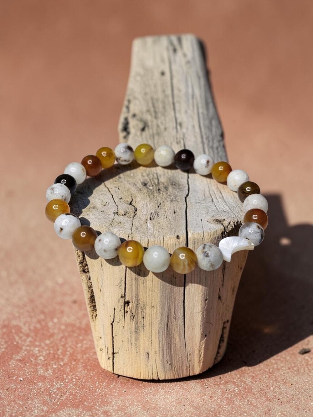 Multicolor Agate Bead Bracelet with White Crescent Accent